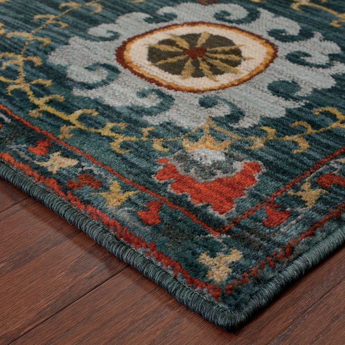10' x 13' Floral Power Loom Stain Resistant Area Rug - Teal Blue Rust Gold And Ivory