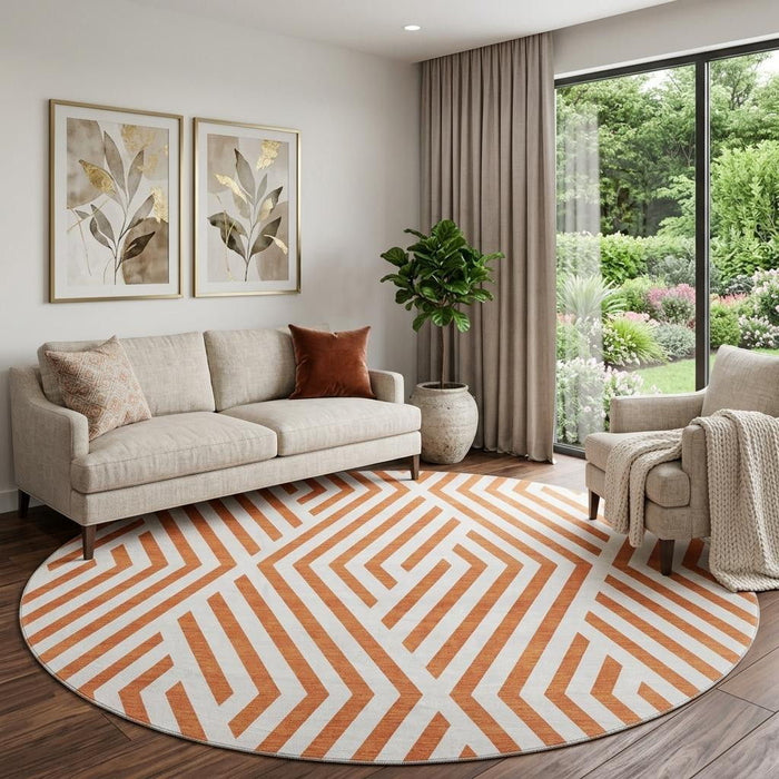 8' Geometric Washable Round Rug With UV Protection (648577) - Rust / Ivory