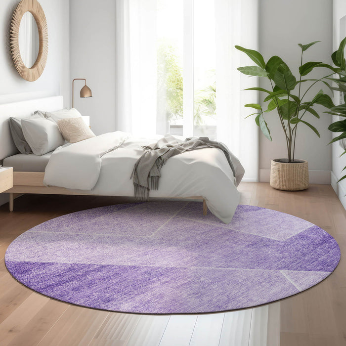 8' Transitional Geometric Washable Round Rug With UV Protection - Purple And Ivory
