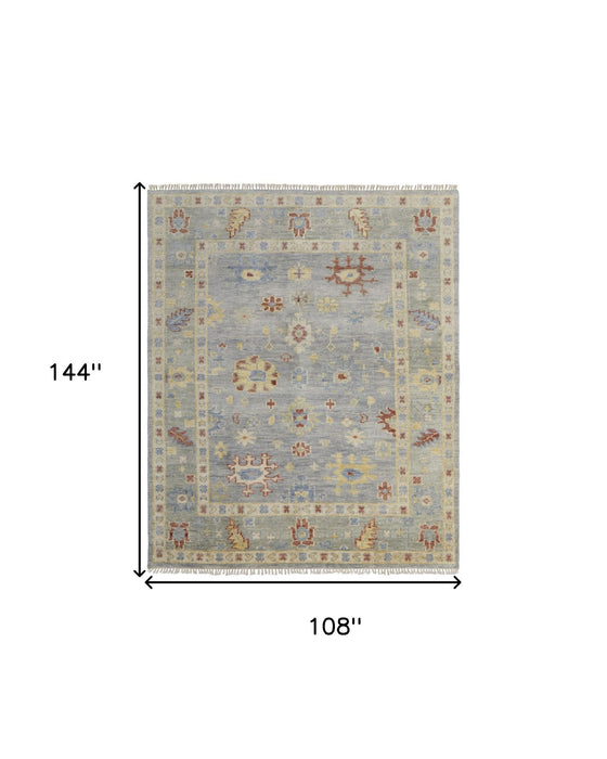 9' x 12' Wool Floral Hand Knotted Area Rug With Fringe - Light Blue And Taupe
