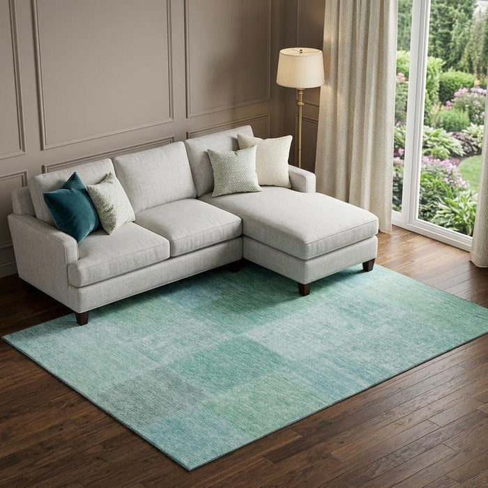 10' X 14' Patchwork Washable Area Rug With UV Protection (655240) - Teal / Ivory