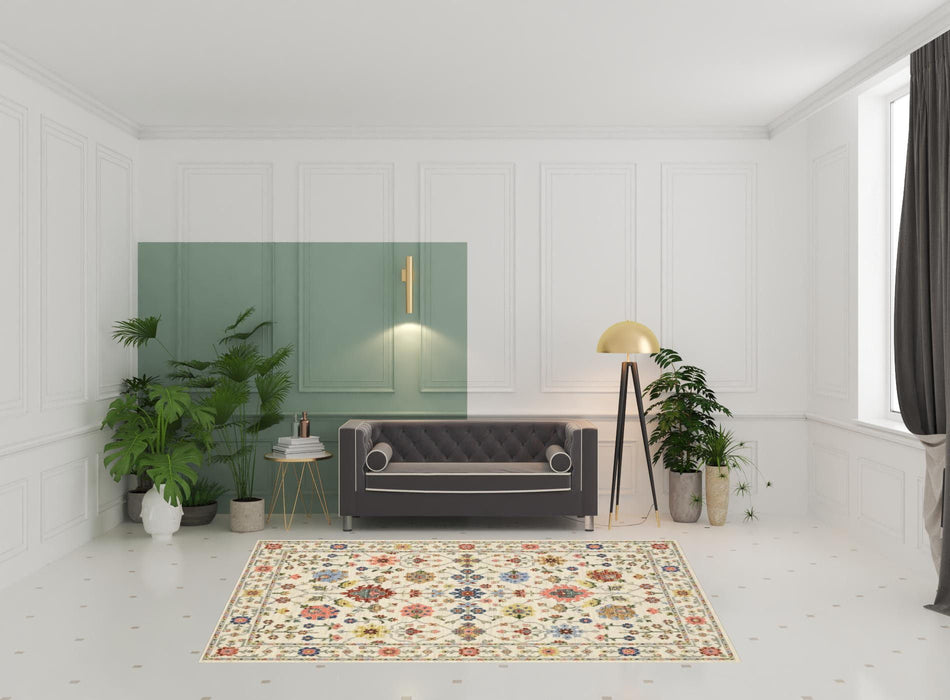 6' x 9' Oriental Power Loom Stain Resistant Area Rug With Fringe - Ivory Salmon Pink Gold Blues Gray Rust And Green