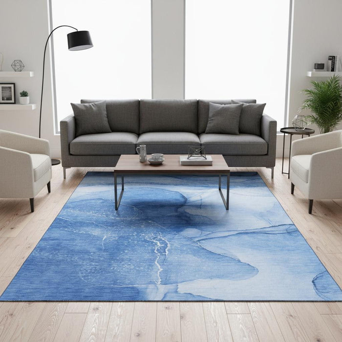 5' X 8' Abstract Washable Area Rug With UV Protection (646854) - Blue / Ivory