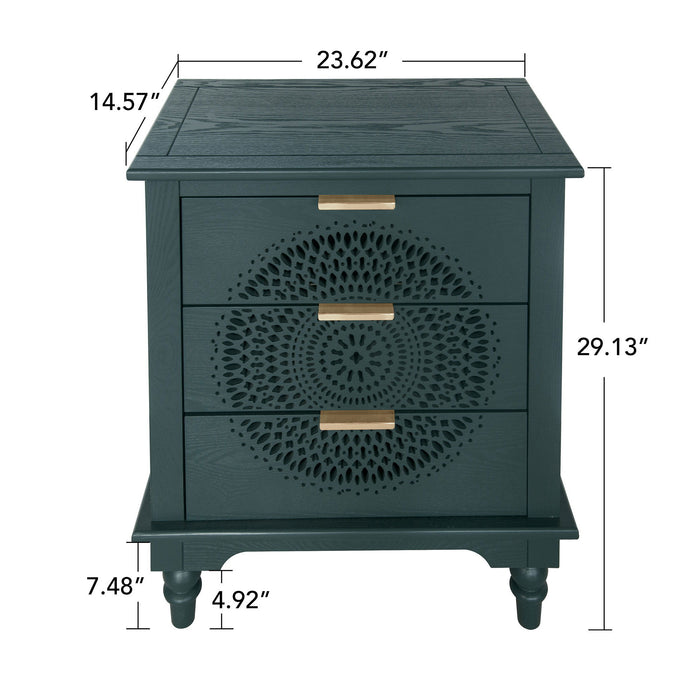Blackish green Giga hollow carved 3-drawer accent dresser with metal handles,ideal for living room or bedroom storage.