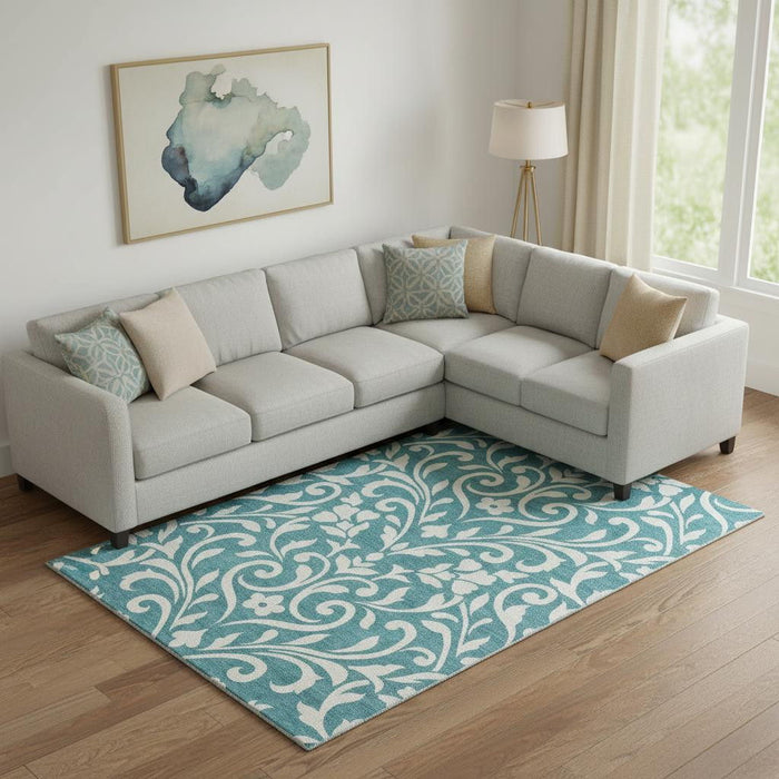 10' X 14' Floral Washable Area Rug With UV Protection (669666) - Teal / Ivory