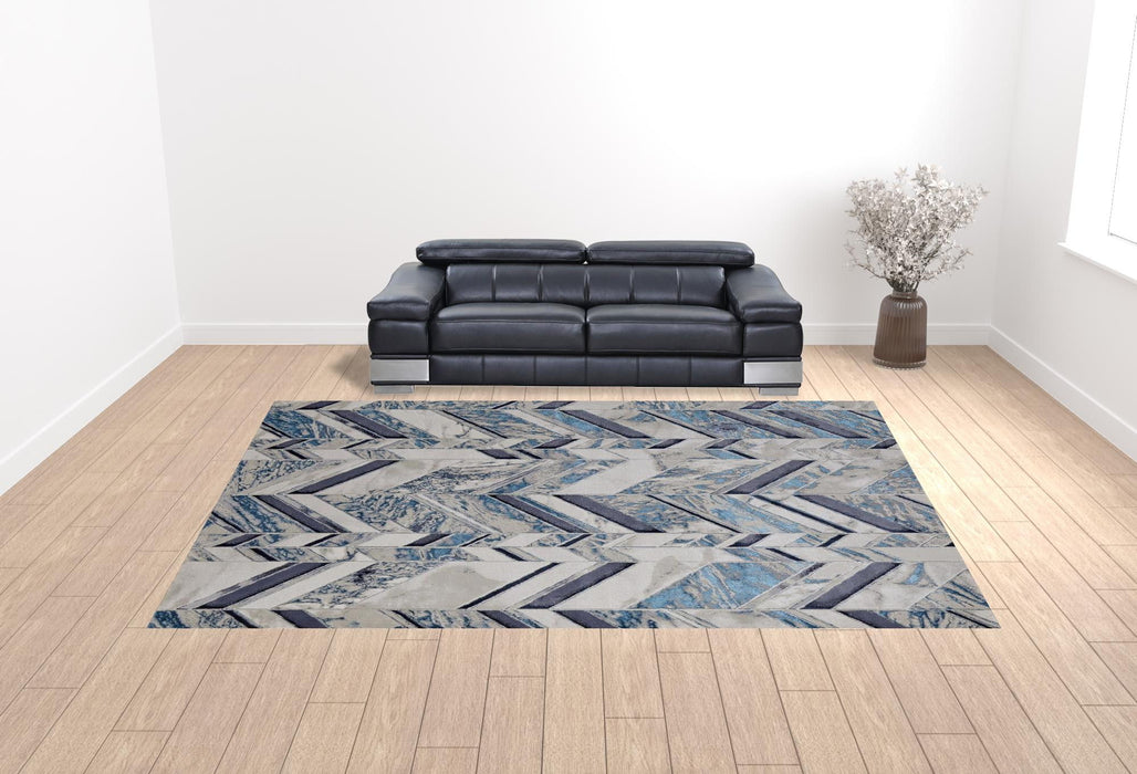 12' x 15' Chevron Power Loom Distressed Area Rug - Ivory Blue And Gray