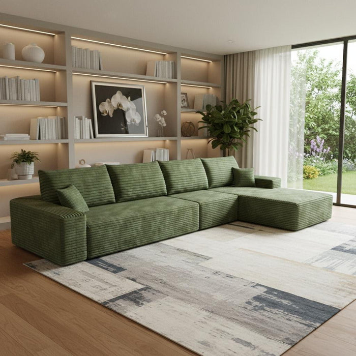 135" Corduroy Modular Compression Foam Sofa With Toss Pillows - Green