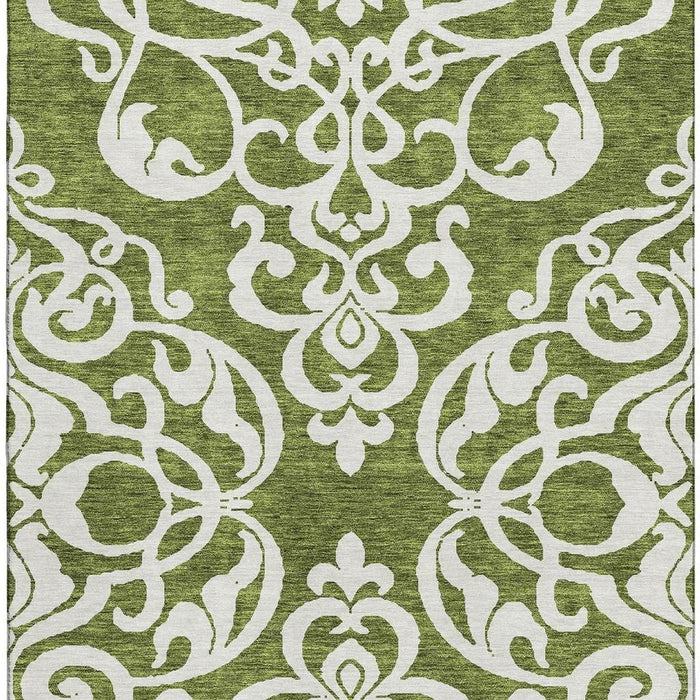 10' X 14' Damask Washable Area Rug With UV Protection (676926) - Green / Ivory
