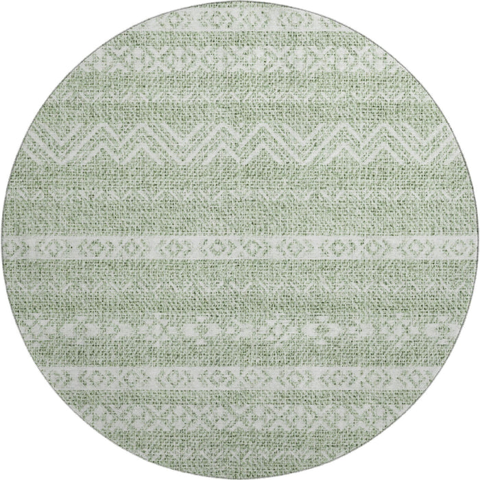 8' Southwestern Washable Round Rug With UV Protection - Artichoke Green And Ivory