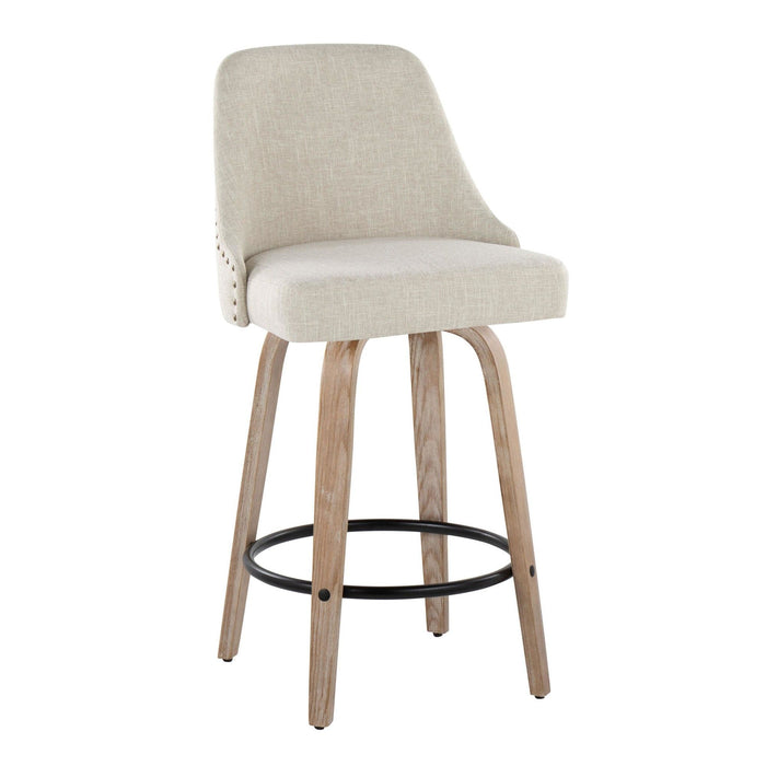 Marcel - 27" Fixed-Height Counter Stool With Swivel And Round Black Metal Footrest (Set of 2) - Whitewashed Wood And Cream Fabric With Brass Nailhead Trim