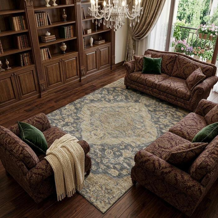 10' X 14' Floral Medallion Washable Area Rug With UV Protection (686885) - Charcoal / Copper / Gray