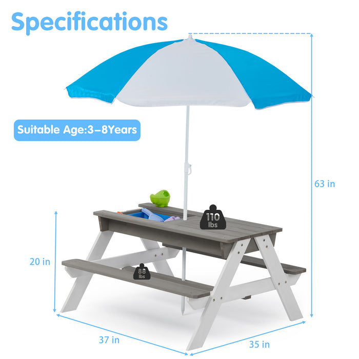 Giga 3-in-1 kids outdoor wooden picnic table with umbrella, convertible sand and water table, ASTM and CPSIA certified.