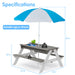 Giga 3-in-1 kids outdoor wooden picnic table with umbrella, convertible sand and water table, ASTM and CPSIA certified.