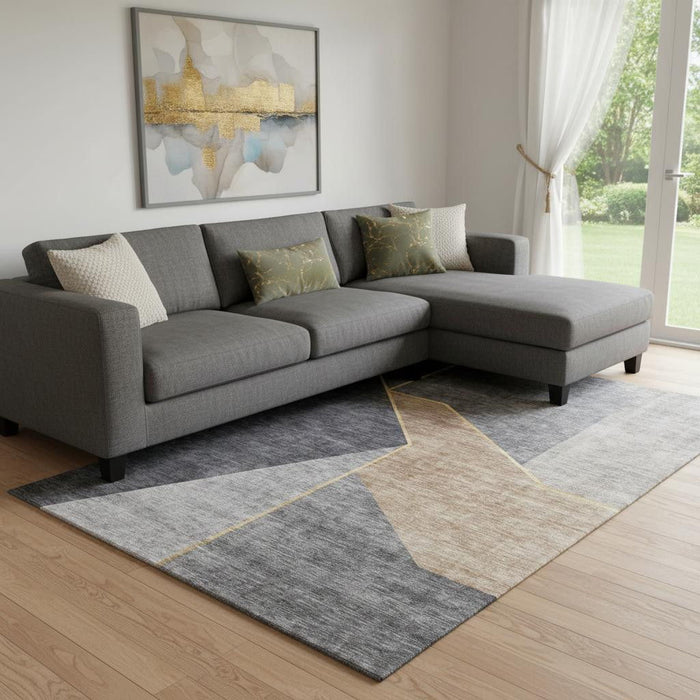 8' X 10' Geometric Washable Area Rug With UV Protection (653735) - Charcoal / Gold / Brown