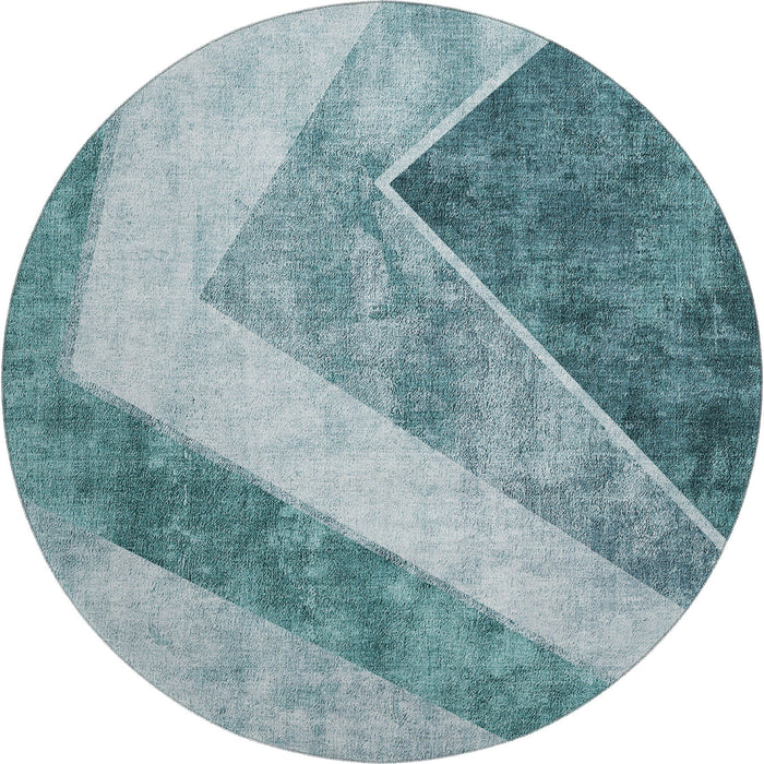 8' Geometric Washable Round Rug With UV Protection (655576) - Teal / Ivory