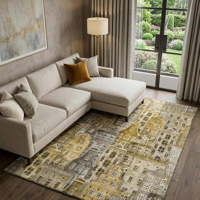 10' X 14' Abstract Geometric Washable Area Rug With UV Protection (650866) - Brown / Gray / Ivory