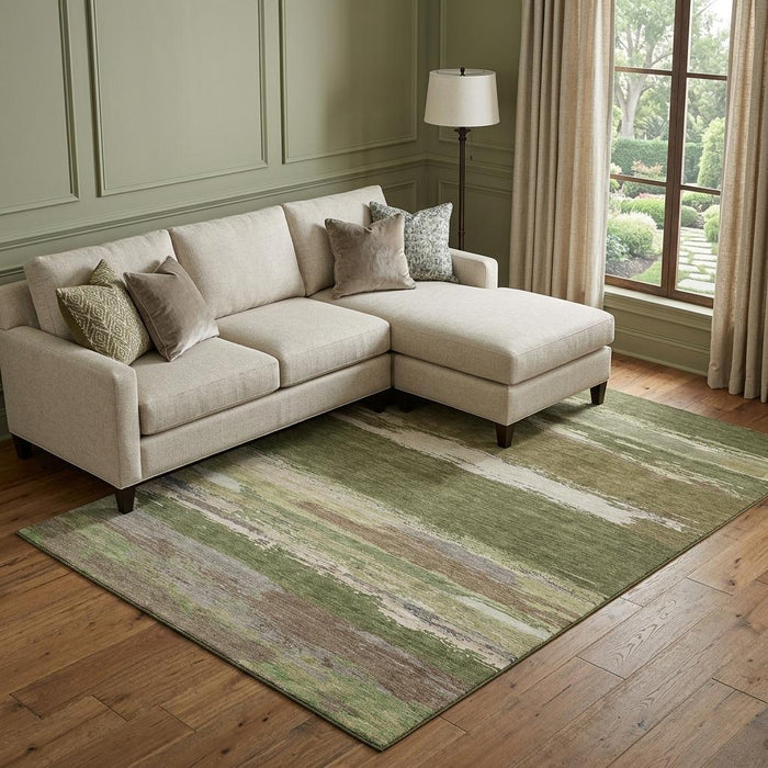 10' X 14' Abstract Washable Area Rug With UV Protection (692727) - Olive Green / Silver / Brown