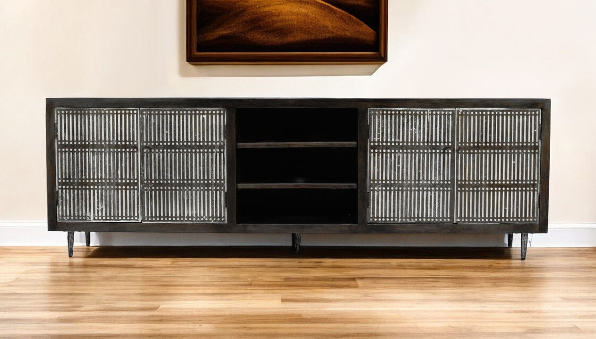 Dark brown 92-inch carved geometric solid wood TV stand with open and enclosed storage by HomeRoots.