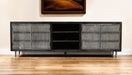 Dark brown 92-inch carved geometric solid wood TV stand with open and enclosed storage by HomeRoots.