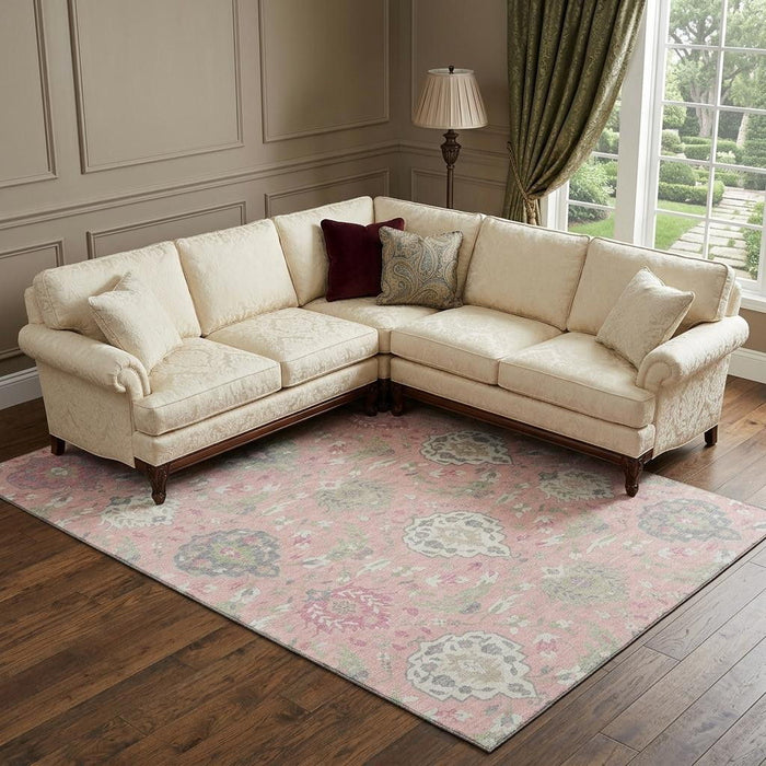 10' X 14' Damask Washable Area Rug With UV Protection (680571) - Pink / Gray / Ivory