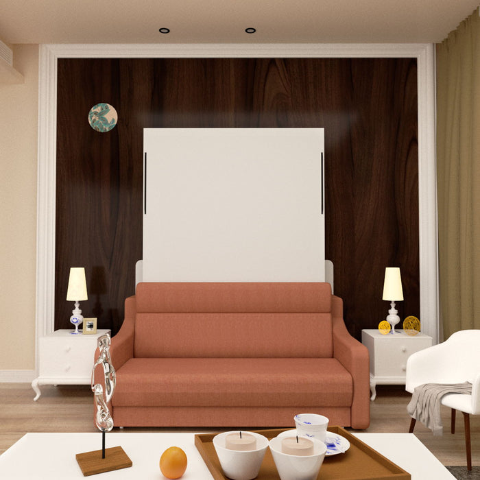 Giga modern white vertical Murphy bed with sofa, space-saving wall bed with gas struts, designed for bedroom or guestroom.
