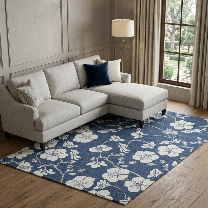 10' X 14' Floral Washable Area Rug With UV Protection (681053) - Navy Blue / Ivory