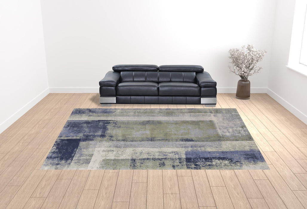 12' x 15' Abstract Power Loom Distressed Area Rug - Blue Green And Ivory