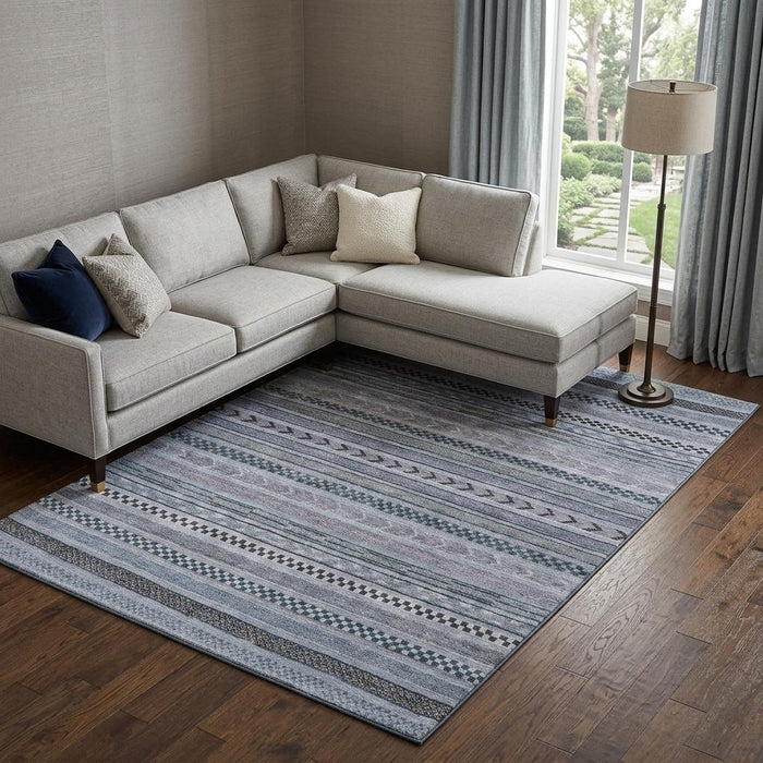 10' X 14' Striped Washable Area Rug With UV Protection (695168) - Blue / Gray