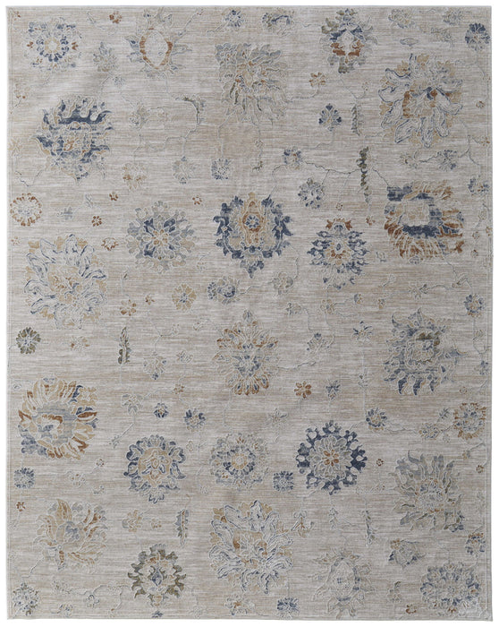 7' x 10' Floral Power Loom Worn Faded Area Rug With Fringe - Ivory Taupe And Blue