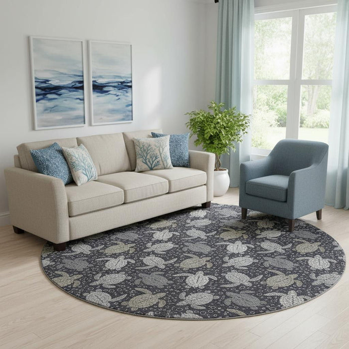 8' Geometric Washable Round Rug With UV Protection (646166) - Midnight / Ivory / Gray