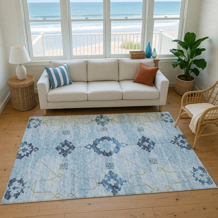 10' X 14' Floral Medallion Washable Area Rug With UV Protection - Blue And Olive