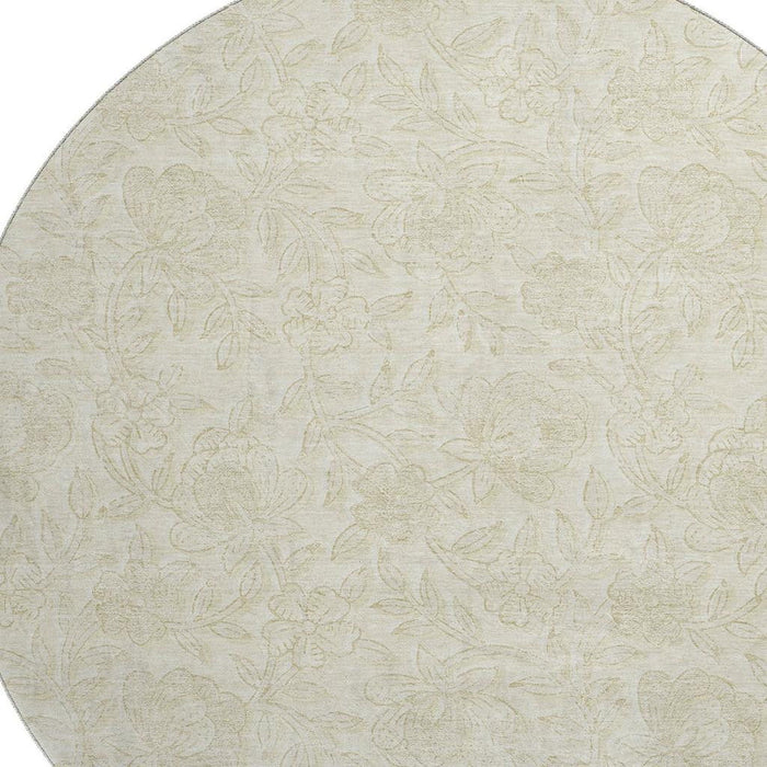 8' Floral Washable Round Rug With UV Protection - Ivory And Beige