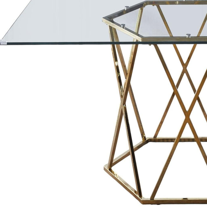 63" Glass And Metal Geo Pedestal Base Dining Table - Gold