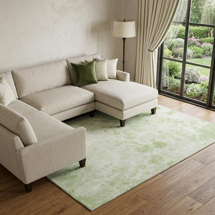 9' X 12' Floral Washable Area Rug With UV Protection (657688) - Artichoke Green / Ivory