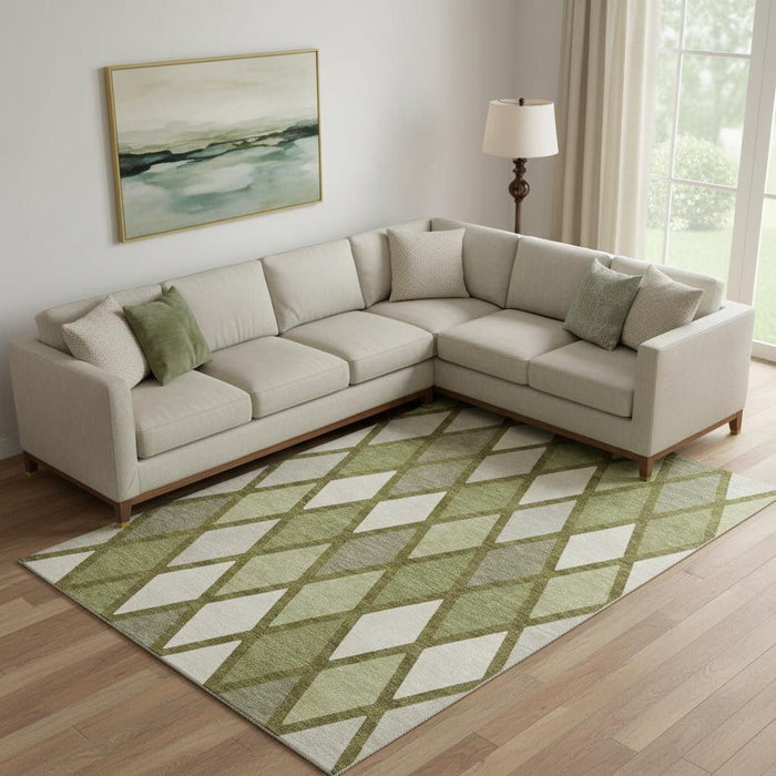 10' X 14' Geometric Washable Area Rug With UV Protection (670495) - Olive Green / Ivory