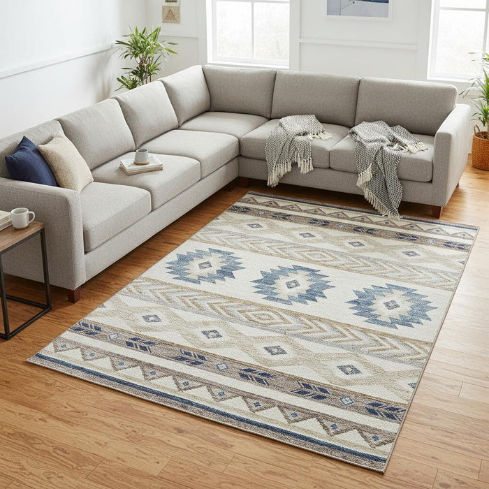 8' X 10' Geometric Washable Area Rug With UV Protection (645646) - Taupe / Ivory / Blue
