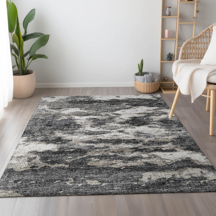 10' X 14' Abstract Washable Area Rug With UV Protection - Black And Ivory