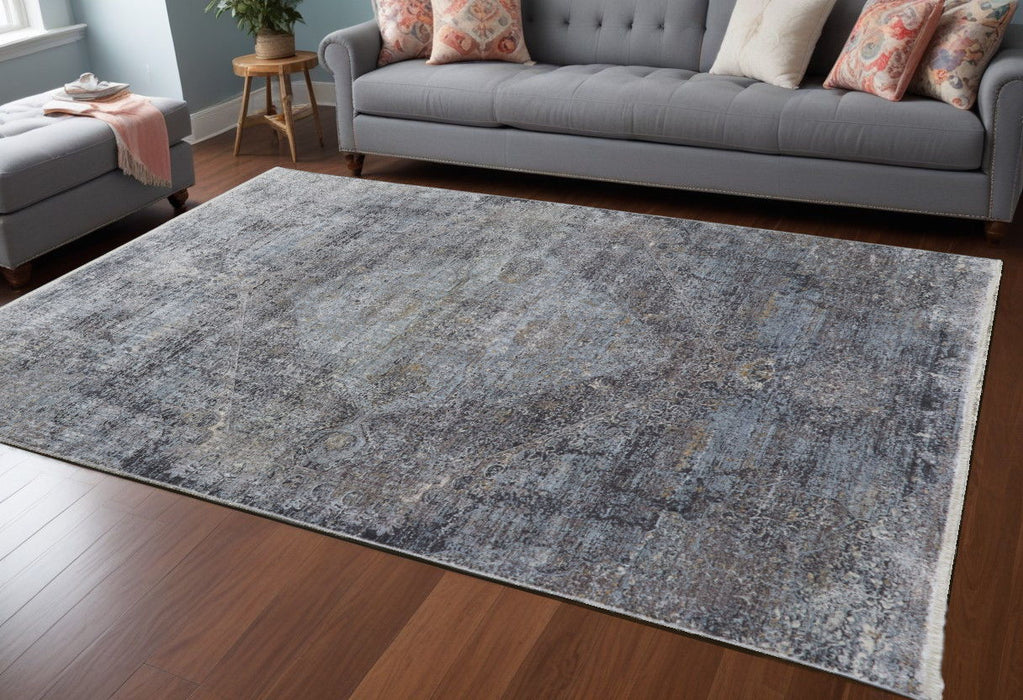8' x 10' Abstract Power Loom Worn Faded Area Rug - Gray And Silver