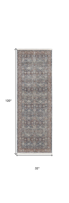 10' Floral Power Loom Stain Resistant Runner Rug - Blue And Red