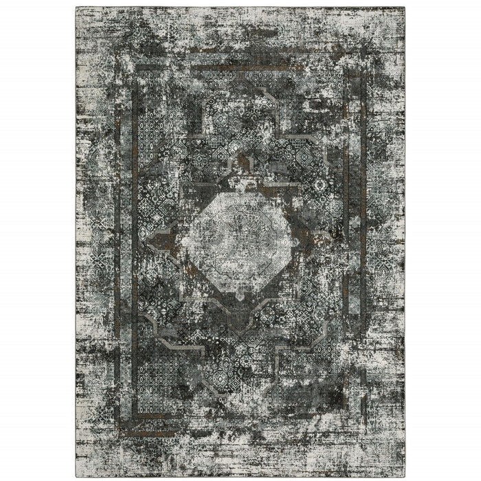 6' x 9' Oriental Power Loom Stain Resistant Area Rug - Charcoal Rust Gray Blue Ivory And Brown