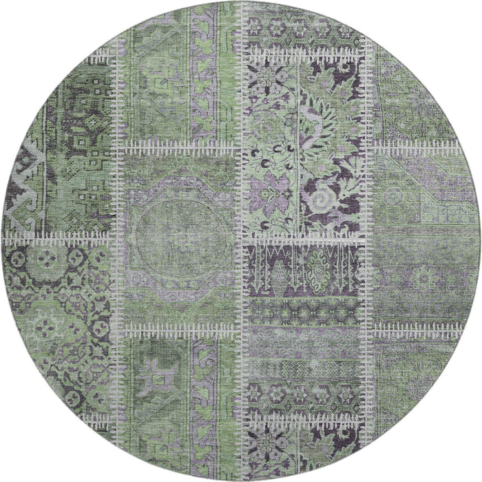 8' Patchwork Washable Round Rug With UV Protection (653245) - Green / Purple