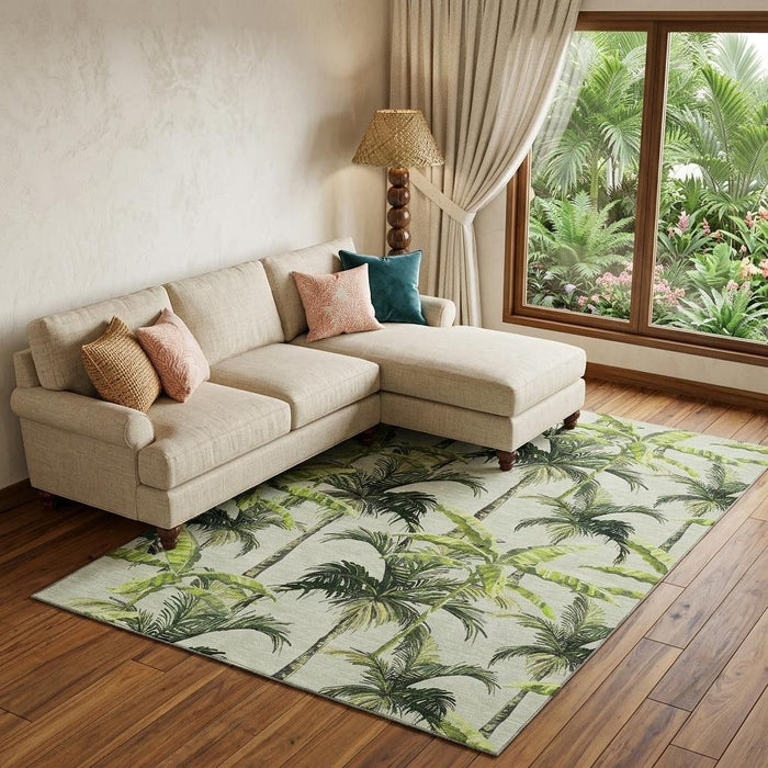 9' X 12' Geometric Washable Area Rug With UV Protection (646366) - Green / Ivory / Charcoal
