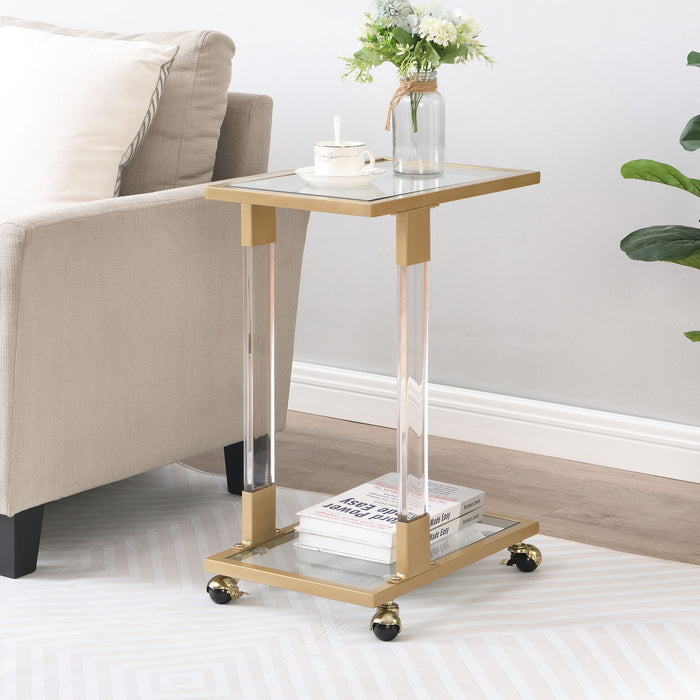 Giga glass top C-shape side table with metal base, square design, suitable for living room, bedroom, balcony, or office.