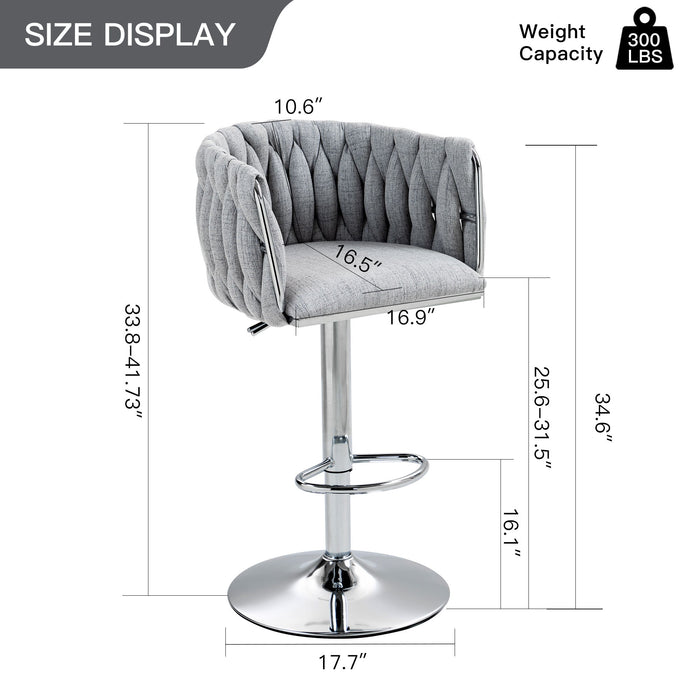 Set of 2 Giga gray 360° swivel bar stools with woven backrests, adjustable height, footrests, and chrome finish for kitchen island.