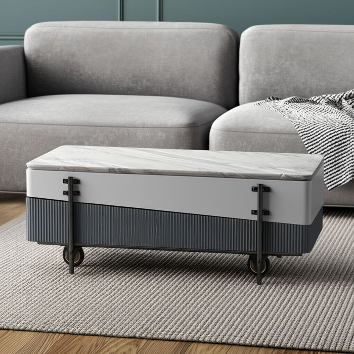 Gray and white faux marble lift top coffee table with wood and steel frame, featuring a modern design and functional storage space.