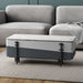Gray and white faux marble lift top coffee table with wood and steel frame, featuring a modern design and functional storage space.