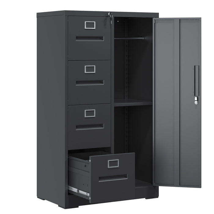 Giga metal vertical filing cabinet with 4 drawers and lock, steel construction, suitable for school or office storage.