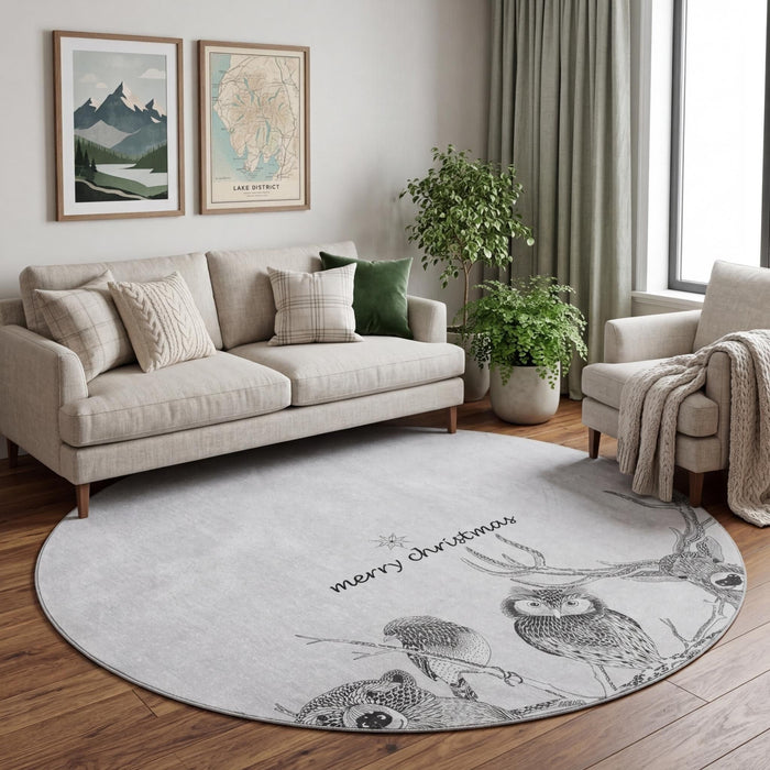 8' Christmas Woodland Lodge Washable Area Rug With UV Protection (646460) - Gray / Black