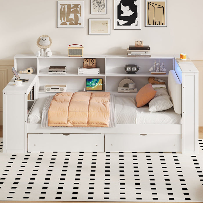 Giga platform storage bed with upholstered headboard, built-in desk, LED lighting, storage shelves, drawers, and charging station.