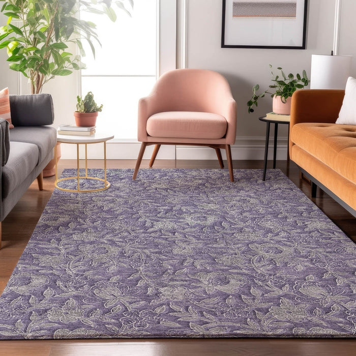 8' X 10' Floral Washable Area Rug With UV Protection - Eggplant And Gray